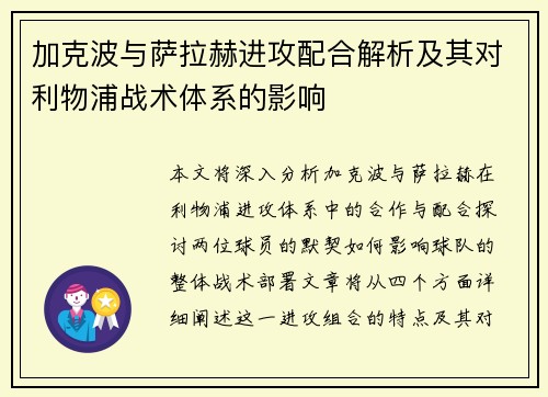 加克波与萨拉赫进攻配合解析及其对利物浦战术体系的影响